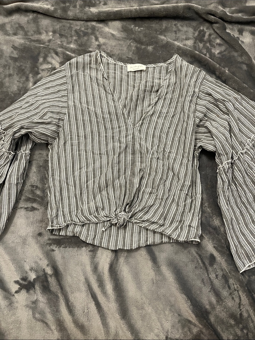 Striped V-Neck Tie-Front Women's Blouse - Gray